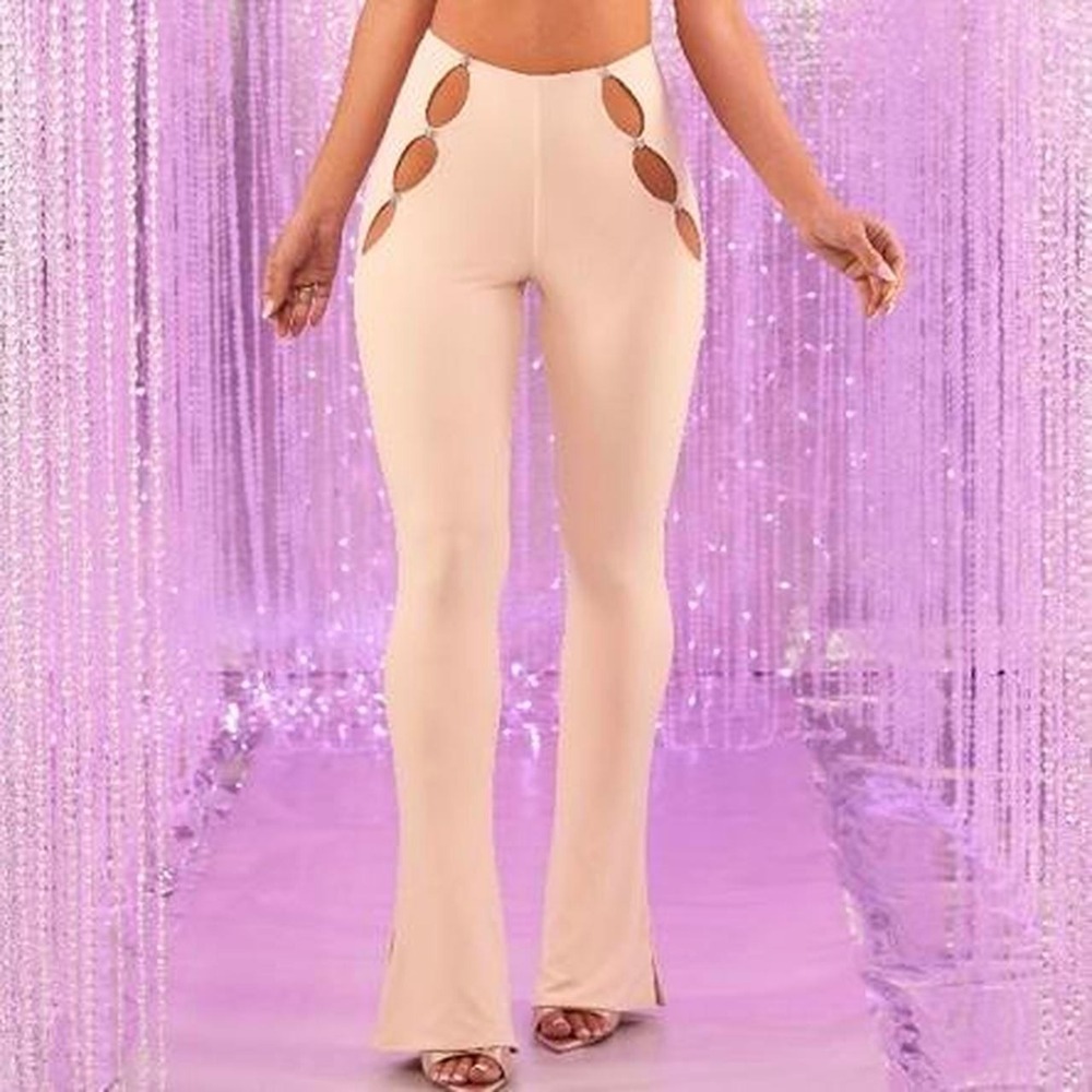 Oh Polly Trousers Women High Waisted Cut Out Flare 6 Sand Rhinestone 4684-T NWT